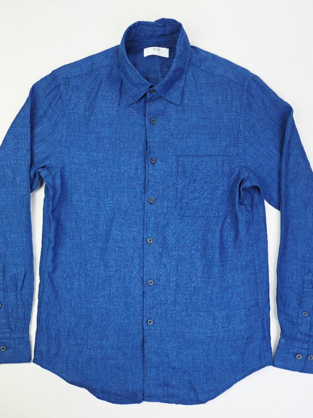 Uniqlo Size Small Mens Navy Blue Linen Long Sleeve Button Up Pocket Shirt